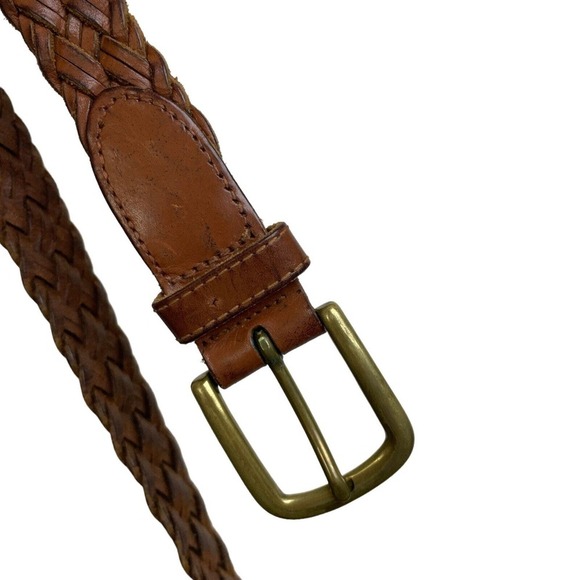 Fossil Brown Leather Belt Womens Medium Woven Brass Buckle 1" Adjustable Classic - Picture 2 of 7